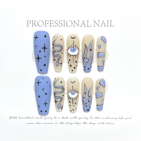 Handmade Matte Blue Snake Evil Eye Press On Nails Long Coffin Hand Painted Graffiti False Nails Artistic Women Nail Art