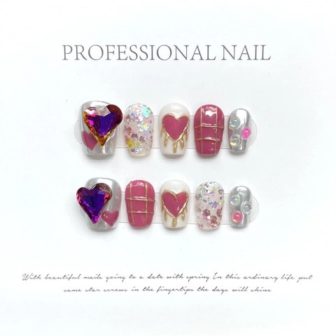 Handmade Press On Nails Y2K Style Mirror Powder Short Square Nails With Purple 3D Heart Pink Grid Glitter Design For Women