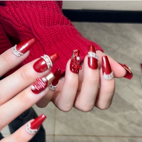 Chinese Wedding Style Red Press-on Nails With 3D Double Happiness Character Bowknot Artificial Pearl Rhinestone Bridal Fake Nails
