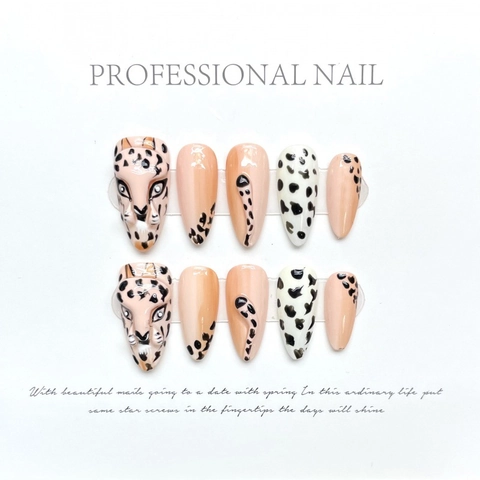 Uñas Postizas Hechas a Mano Relieve Leopardo 3D Estampado Animal Estilo Maillard Almendra Larga Reutilizables Set Manicura DIY