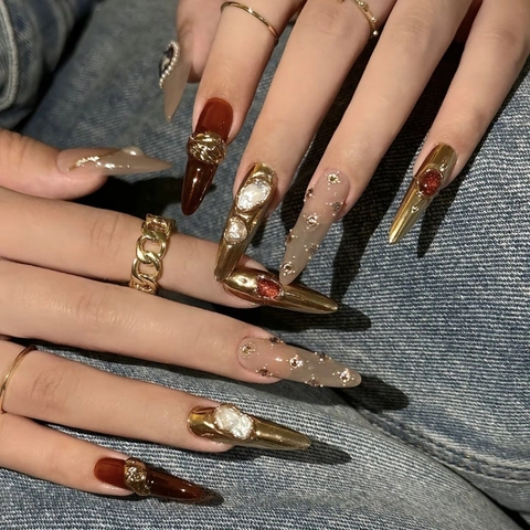 Uñas Postizas Barrocas de Lujo Perla Artificial Diamante Rojo Oro Blanco Óvalo Largo Almendra Uñas Reutilizables Para Mujer Boda