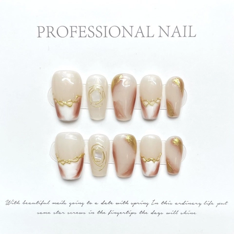 Handmade French Brown Coffee Press-on Nails With Gold Foil Marble Smudge Design Coffin Shape Artificial Pearls Fake Nails