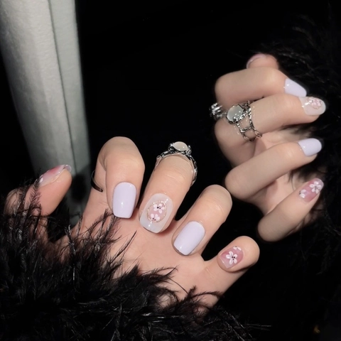 Handmade Press On Nails Lavender Pink Cherry Blossom Short Square Round Floral False Nails For Women Daily Party Fingernail