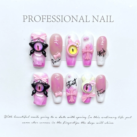 Faux Ongles Faits À La Main Dégradé Rose Blanc Avec Nœud 3D Croix Œil Du Diable Style Gothique Doux Et Frais Pour Femmes