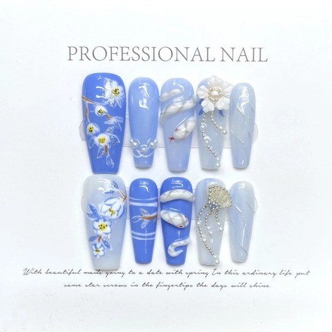 Uñas Postizas Hechas a Mano Flor 3D Serpiente Estilo Chino Camelia Perla Artificial Artístico Azul Blanco Manicura para Mujer Decorativas