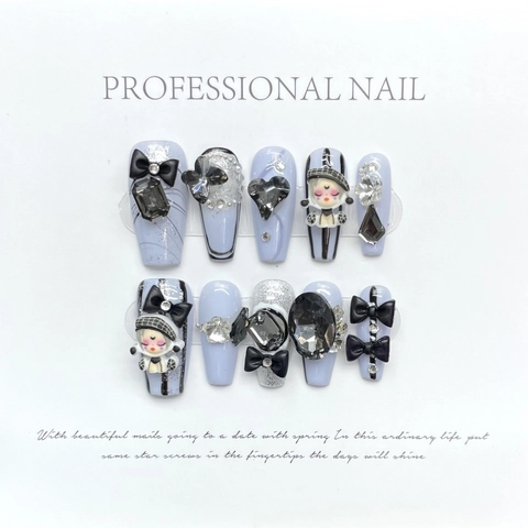 Uñas Postizas Hechas a Mano 3D Lazo Corazón Strass Morado Oscuro Estilo Y2K Dulce y Genial Con Decoración de Niña de Dibujos