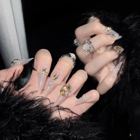 Handgefertigt Luxus Champagner Gold Kunstnägel Mit Strass Lange Stiletto Falsche Nägel Für Damen Party Hochzeit Schmuck