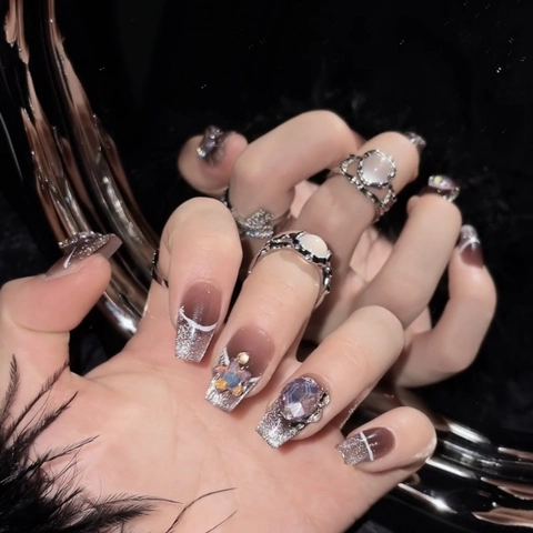 Uñas Postizas de Ámbar Ojo de Gato Hechas a Mano Ataúd Largo Con Lazo Decoración de Strass Uñas Degradadas de Lujo