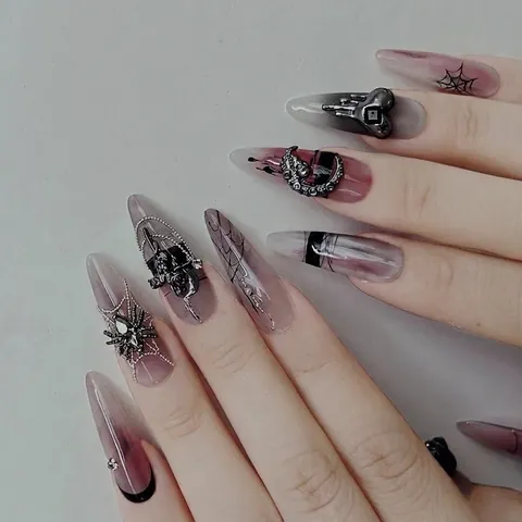 Gothic Dark Press-on Nagels Lange Amandel Spin Schedel 3D Legering Decor Strass Y2K Cool Zwart Paars Gradiënt Handgemaakt
