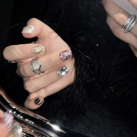 Handmade Press On Nails Pink Fluid Bear 3D Artificial Pearl Rhinestone Metallic Y2K Luxury False Nails Set For Women Jewelry