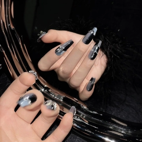 Handmade Dark Gothic Press On Nails Black Grey Gradient Cat Eye Coffin Nail Tips Alloy Chain Rhinestone Decor For Women