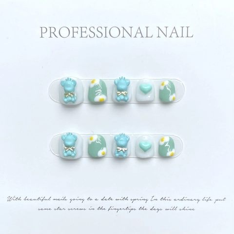 Συλλογή Τεχνητών Νυχιών 3D Cartoon Bear Short Press On Nails ABS Resin Sweet Girl Χειροποίητο Ανάγλυφο Floral Student Nail Art Αξεσουάρ