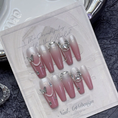 Uñas Postizas Press On Ojo de Gato Melocotón Hechas a Mano Con Dijes de Mariposa de Strass Ataúd Largo Para Mujer Degradado Rosa Plata Regalo
