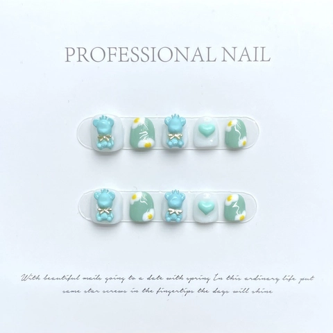 Συλλογή Τεχνητών Νυχιών 3D Cartoon Bear Short Press On Nails ABS Resin Sweet Girl Χειροποίητο Ανάγλυφο Floral Student Nail Art Αξεσουάρ