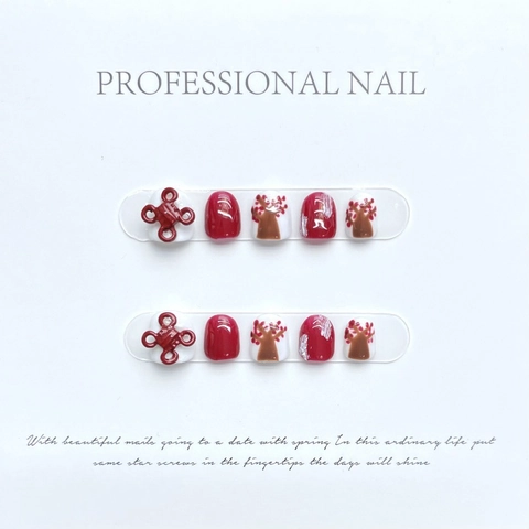 Handmade Chinese Knot Press On Nails For Kids Red White 3D Embossed Artificial Nails Traditional Plum Blossom Pattern Fake Nails
