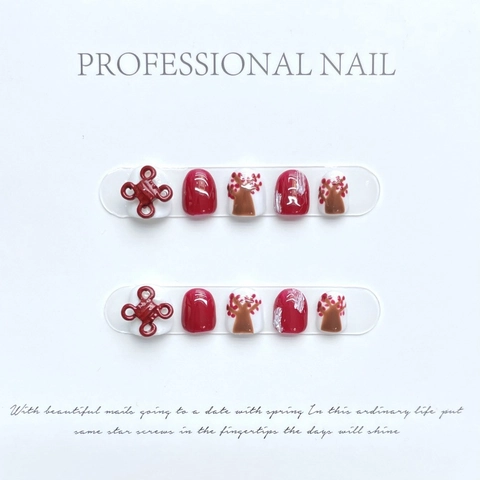 Handmade Chinese Knot Press On Nails For Kids Red White 3D Embossed Artificial Nails Traditional Plum Blossom Pattern Fake Nails
