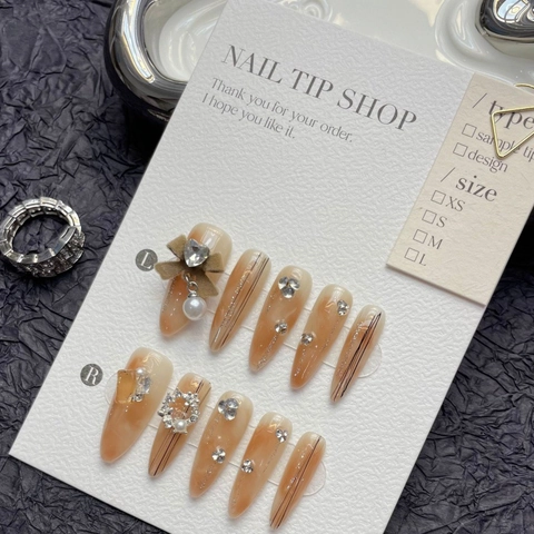 Handmade Iced Coffee Brown Press On Nails Long Almond Stiletto Gradient Nail Tips With 3D Bow Artificial Pearl Rhinestone For Women