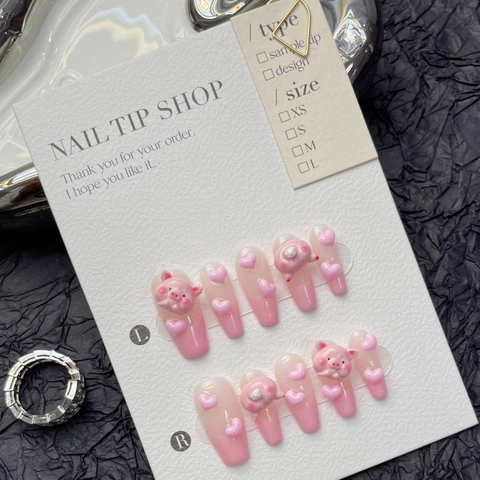 Faux Ongles à Presser Faits Main 3D Cochon Cœur Français Rose Dégradé Ongles Artificiels Réutilisables Femme