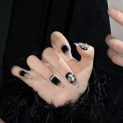 Dark Gothic Spinne Nägel Zum Aufdrücken Ombre Schwarz Sarg Falsche Nägel Mit 3D Legierung Spinnennetz Strass Handgefertigte Maniküre