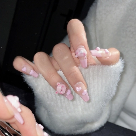 Faux Ongles à Presser Faits Main 3D Cochon Cœur Français Rose Dégradé Ongles Artificiels Réutilisables Femme
