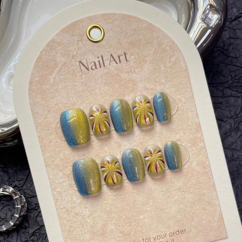 Handgemaakte Kattenoog Kunstnagels Blauw Goud Gradiënt Glitters Glanzend Kort Rond Valse Nagels Vuurwerk Manicure Tool