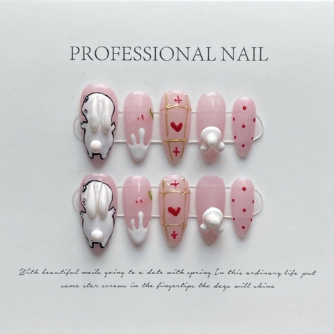 Handgefertigte 3D Hase Press On Nails Rosa Süßer Rokoko Stil Herz Stern Design Künstliche Falsche Nägel Für Damen Alltag