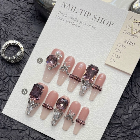 Handmade Purple Gradient Press On Nails Long Coffin Fake Nails With Rhinestone Bowknot Decor For Women Beauty Manicure