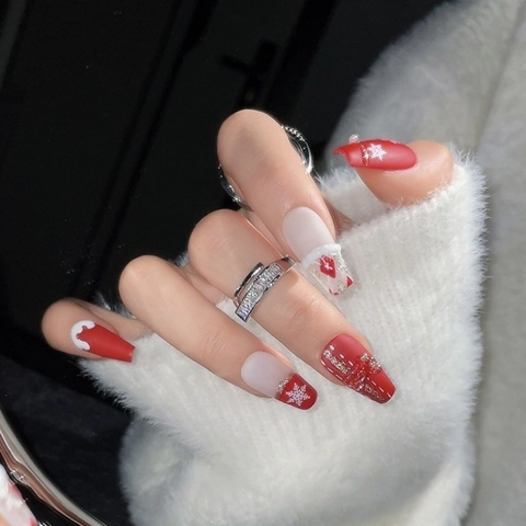Handgefertigte Weihnachts Aufklebbare Nägel Rot Weiß Schneeflocke 3D Schleife Coffin Falsche Nägel Für Damen Winter Urlaub