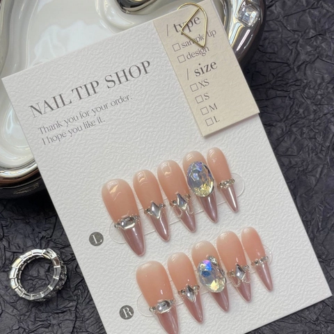 Handmade Press On Nails Stiletto Shape Luxurious Rhinestone Chain Cat Eye French Style False Nails For Women Fashion Manicure