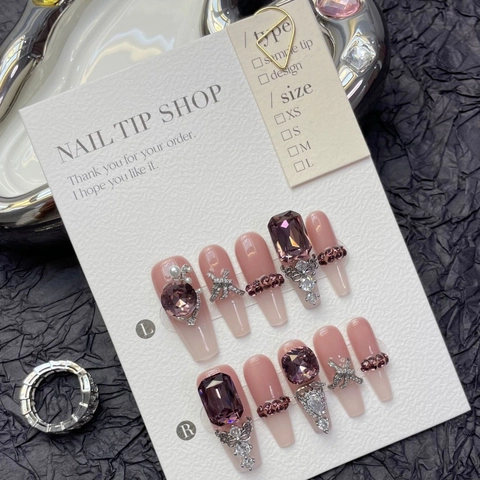 Handmade Purple Gradient Press On Nails Long Coffin Fake Nails With Rhinestone Bowknot Decor For Women Beauty Manicure