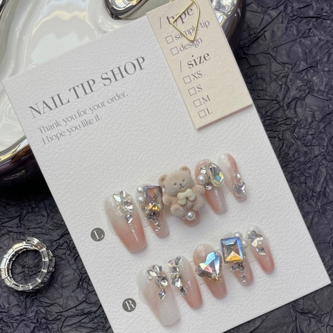 Handmade Press On Nails Pink Gradient Long Coffin False Nails 3D Flocked Teddy Bear Heart Rhinestone Artificial Pearl Bow For Women