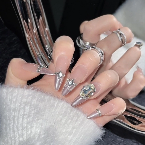 Handmade Press On Nails Stiletto Shape Luxurious Rhinestone Chain Cat Eye French Style False Nails For Women Fashion Manicure