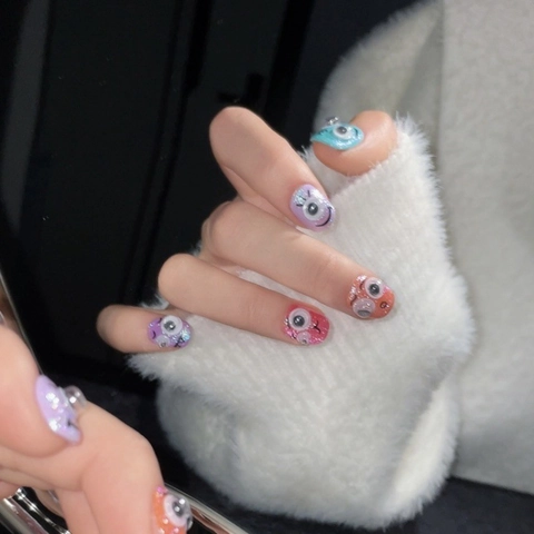 Uñas Postizas de Dibujos Animados Con Ojos Móviles 3D Purpurina Colores de Caramelo Uñas Cortas Para Mujer Arte de Uñas
