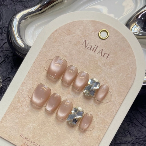 Handgefertigte Katzenauge Aufklebbare Nägel Pink Grapefruit Kurz Falsche Nägel Mit Strass Schleife Damen Deko Maniküre