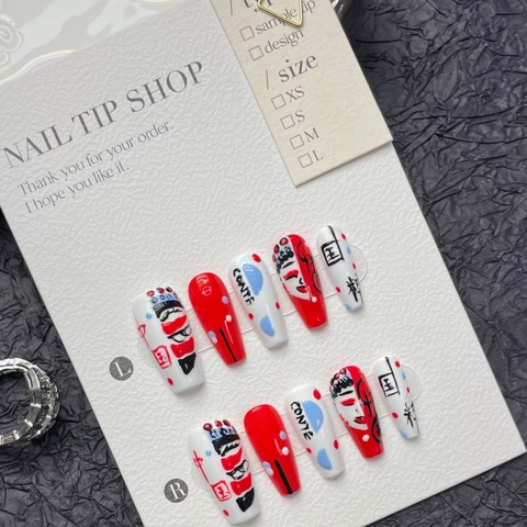Handgefertigte Peking Oper Gesichtswechsel Lange Sargform Künstliche Nägel Altchinesischer Stil Rot Weiß Bemalte Luxus Fake Nails
