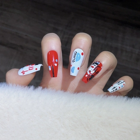 Handgefertigte Peking Oper Gesichtswechsel Lange Sargform Künstliche Nägel Altchinesischer Stil Rot Weiß Bemalte Luxus Fake Nails