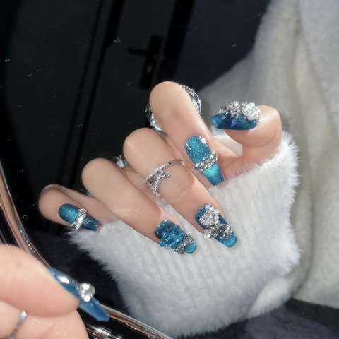 Unghie Finte a Pressione Fatte a Mano Blu Zaffiro Effetto Occhio di Gatto Con Decorazioni 3D Strass Fiocco Stella Perla Artificial Donna
