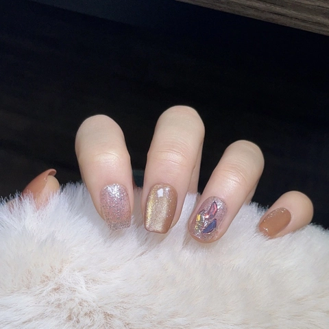 Unghie Finte a Pressione Occhio di Gatto Fatte a Mano Oro Champagne Glitter Argento Lussuosi Strass Unghie Corte Set da Manicure
