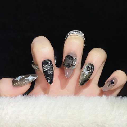 Handgefertigte Dark Night Star Katzenauge Rose Künstliche Nägel Gothic 3D Strass Spinne Kreuz Design Luxus Wiederverwendbare Nägel