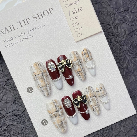 Luxury Handmade Wine Red Tweed Press On Nails With Bowknot Artificial Pearl Rhinestone French Elegant Fake Nails For Women