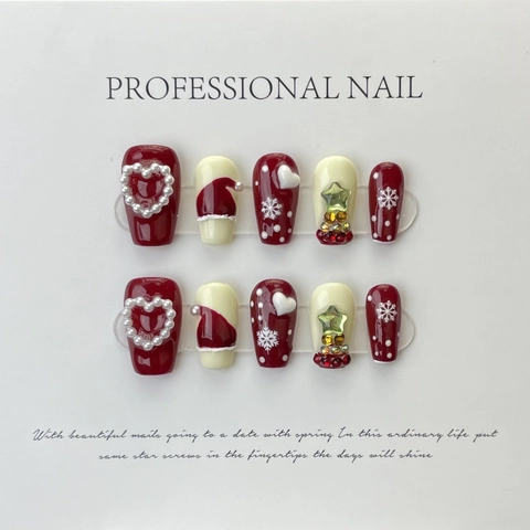 Handgefertigte Weihnachten Nägel Zum Aufdrücken Schneeflocken Weihnachtsmütze Künstliche Perle Herz Strass Weihnachtsbaum Rot Weiß Falsche Nägel Für Damen