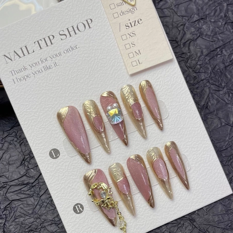 Faux Ongles Roses Oeil de Chat De Luxe French Tip Or Strass Perle Artificielle Décoration Fait Main Pointus Ongles