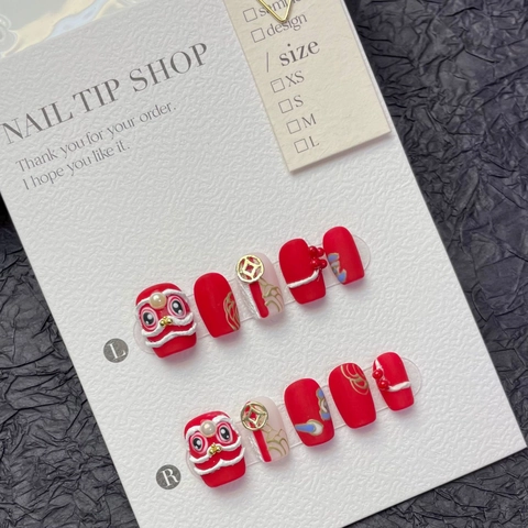 Handmade Red New Year Press On Nails With 3D Lion Relief And Artificial Pearl Patterns For Festive Women Manicure Gift