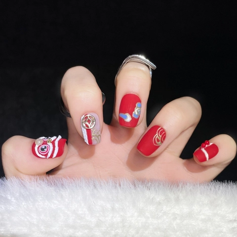 Handmade Red New Year Press On Nails With 3D Lion Relief And Artificial Pearl Patterns For Festive Women Manicure Gift