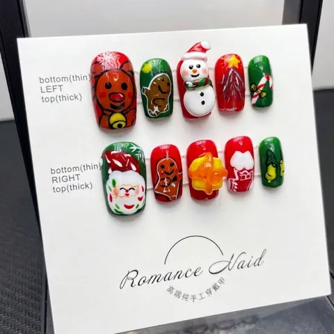 Uñas Postizas 3D de Navidad Hechas a Mano Diseño de Papá Noel Muñeco de Nieve Rojo Verde para Mujer Fiesta Manicura