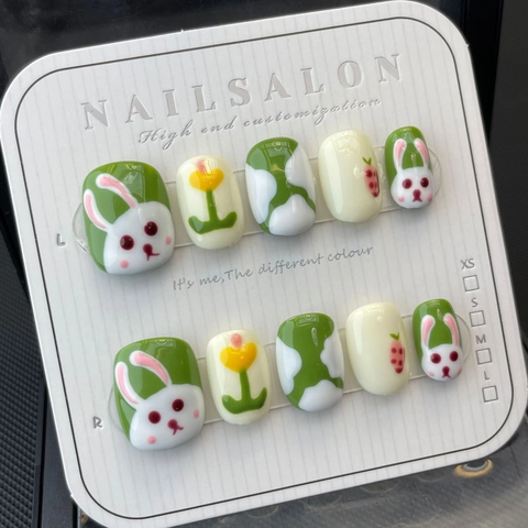 Fait à la Main Mignon Lapin Press On Nails Vert Blanc Court Carré Brillant Kit Manucure pour Femme Ongles Artificiels Décoratifs