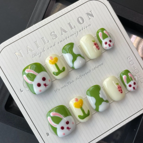 Fait à la Main Mignon Lapin Press On Nails Vert Blanc Court Carré Brillant Kit Manucure pour Femme Ongles Artificiels Décoratifs
