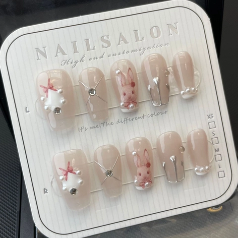 Handgefertigte Rokoko Hase Press On Nails Süße Nude Rosa Lange Sargform Falsche Nägel Mit 3D Perle Schleife Strass Für Damen Dating