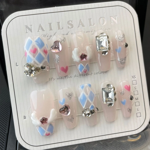Uñas Postizas Hechas a Mano Dulce Alas de Ángel con Diamantes de Imitación Corazón Estrella Rosa Azul Degradado Ataúd Joyería Mujer