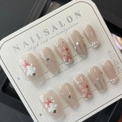 Handgefertigte Rokoko Hase Press On Nails Süße Nude Rosa Lange Sargform Falsche Nägel Mit 3D Perle Schleife Strass Für Damen Dating